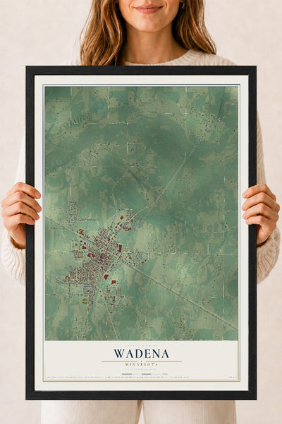 Map of Wadena, Minnesota, 18 x 24 inch print in a black wood frame