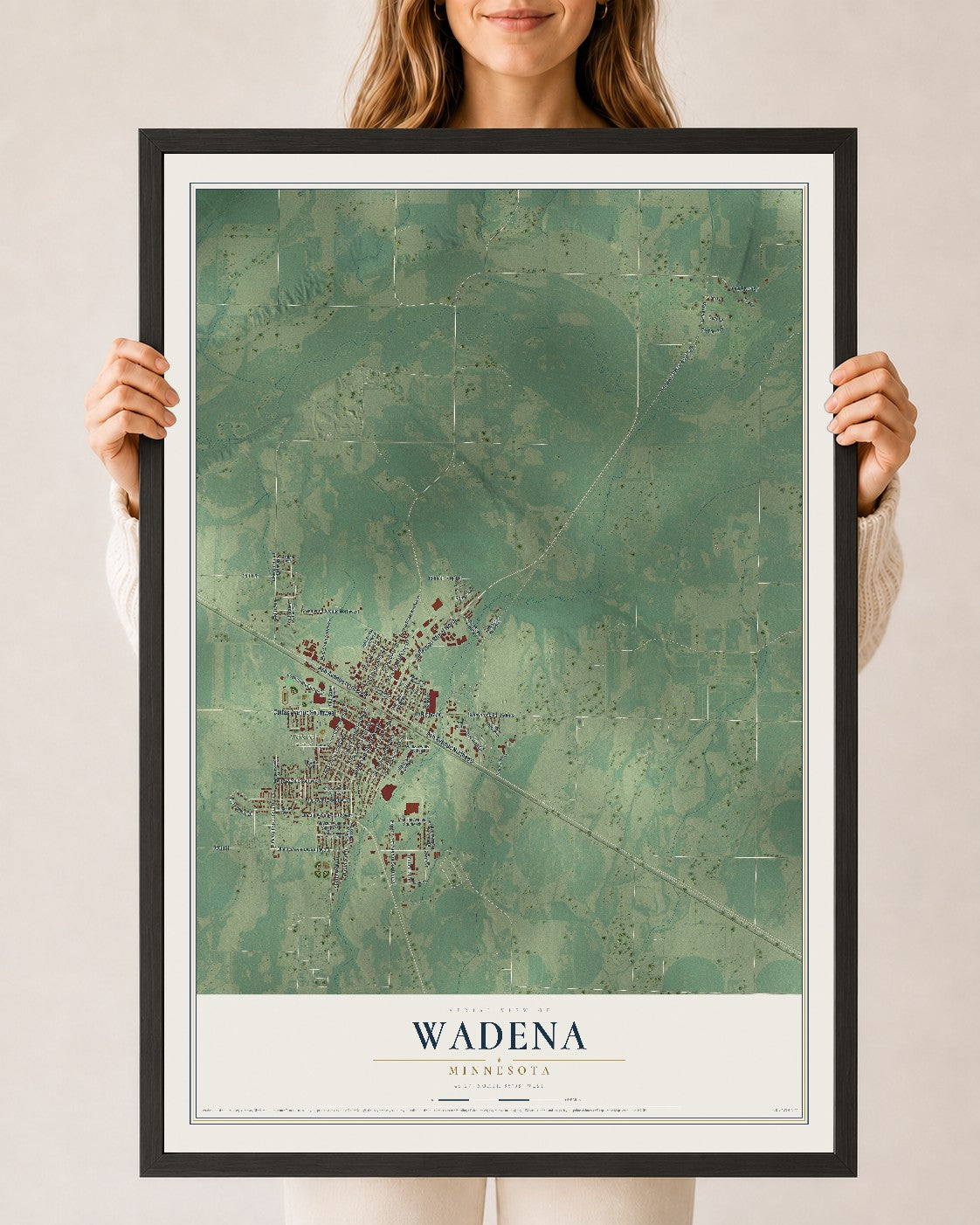 Map of Wadena, Minnesota, 24 x 36 inch print in a black wood frame