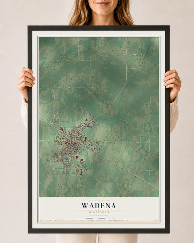 Map of Wadena, Minnesota, 24 x 36 inch print in a black wood frame