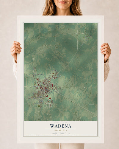 Map of Wadena, Minnesota, 24 x 36 inch print in a white wood frame