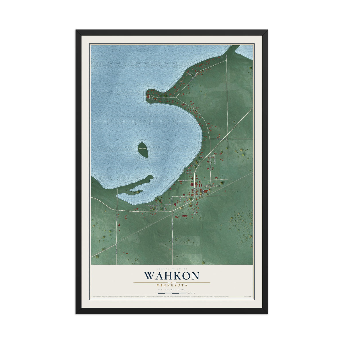 Map of Wahkon, Minnesota, 12 x 18 inch print in a black wood frame