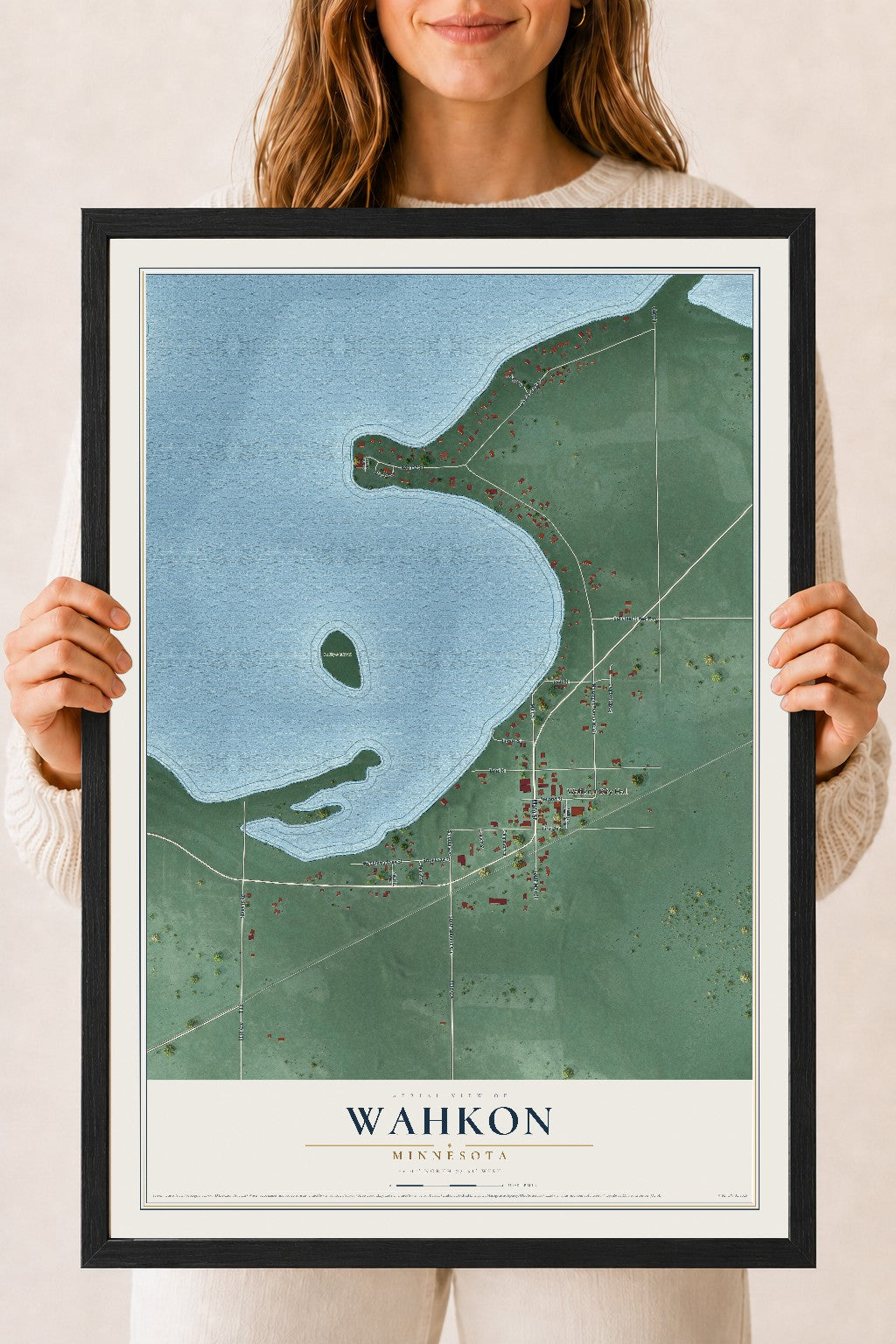 Map of Wahkon, Minnesota, 18 x 24 inch print in a black wood frame