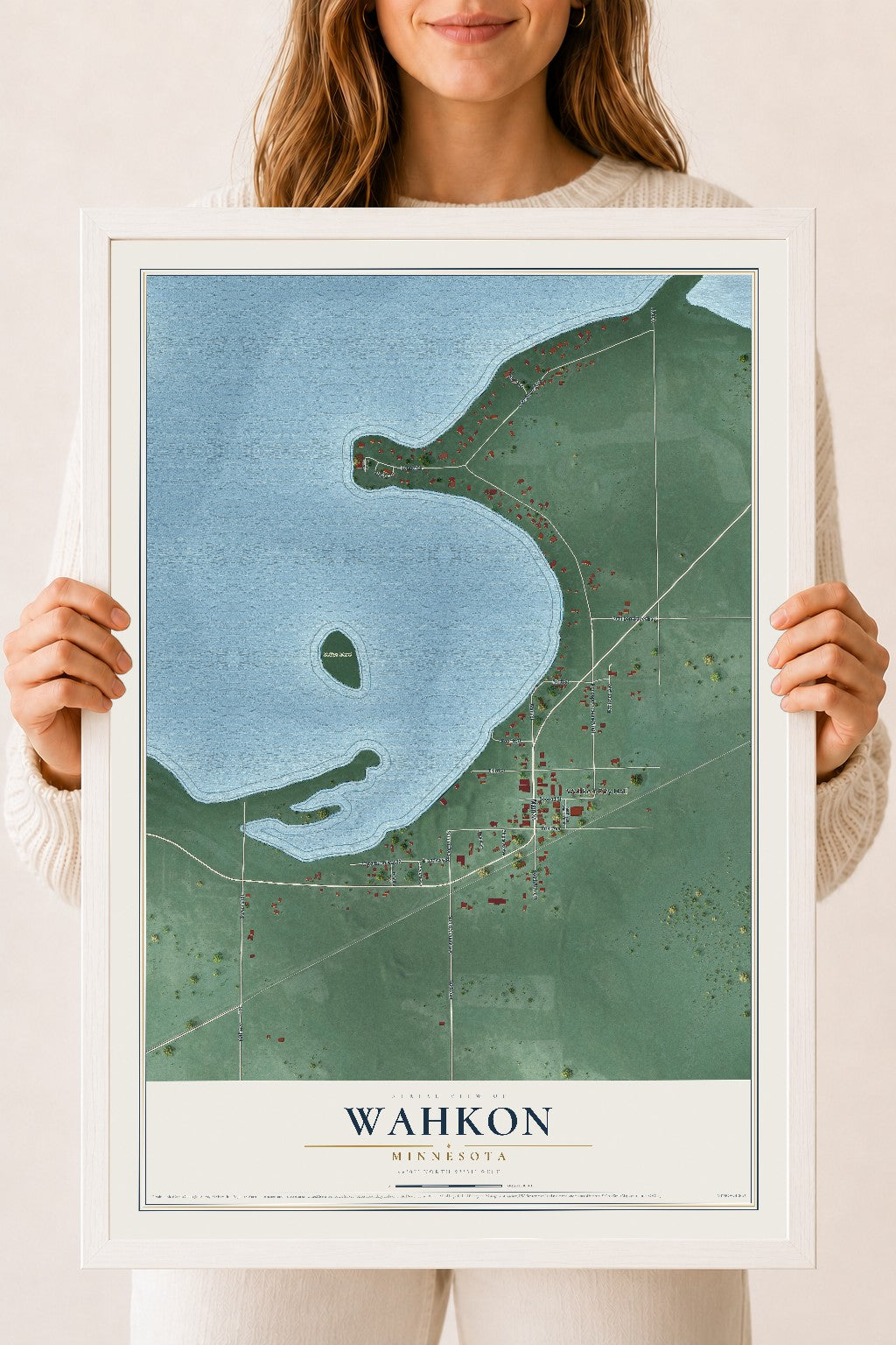 Map of Wahkon, Minnesota, 18 x 24 inch print in a white wood frame
