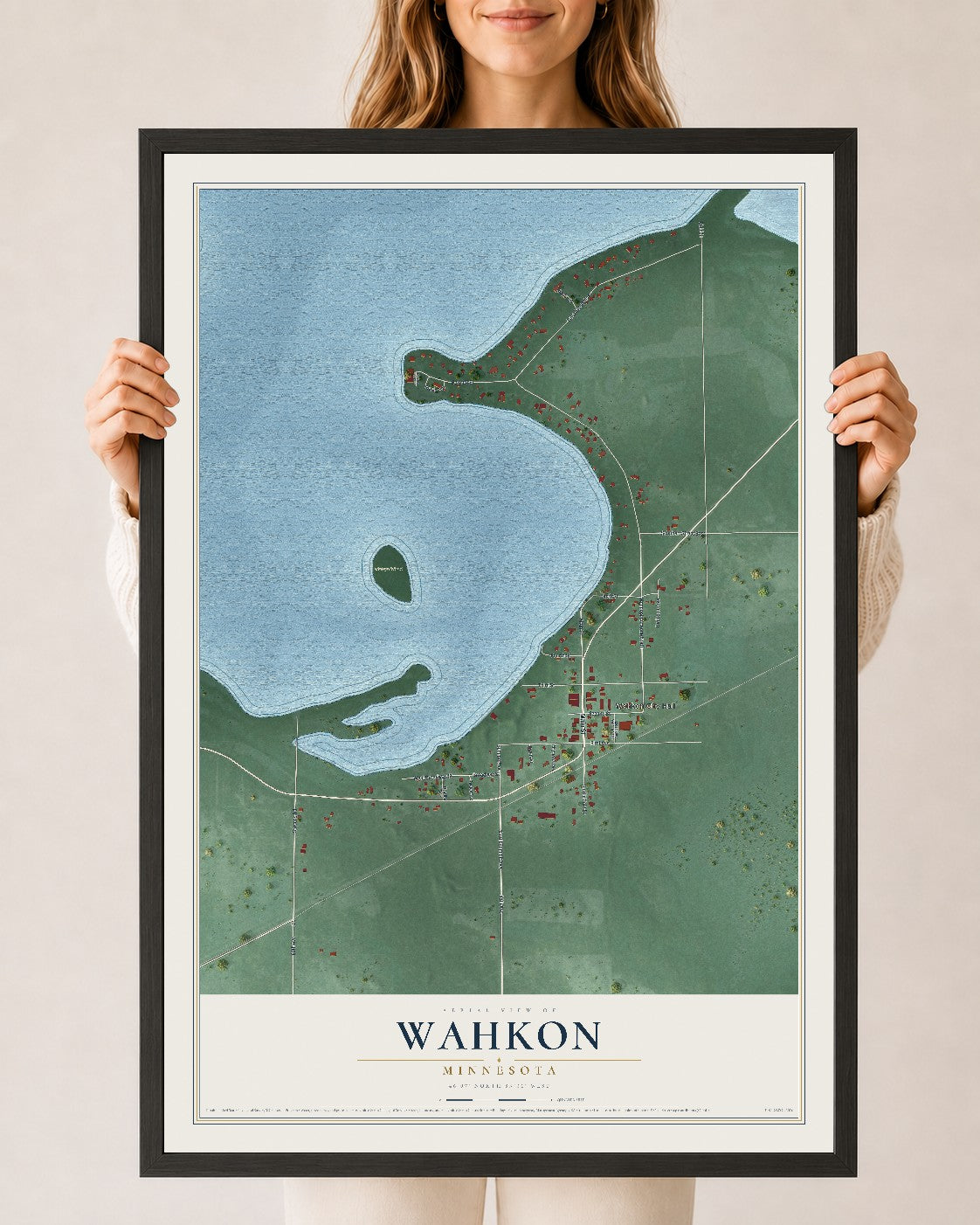 Map of Wahkon, Minnesota, 24 x 36 inch print in a black wood frame