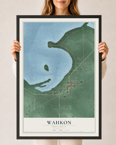 Map of Wahkon, Minnesota, 24 x 36 inch print in a black wood frame