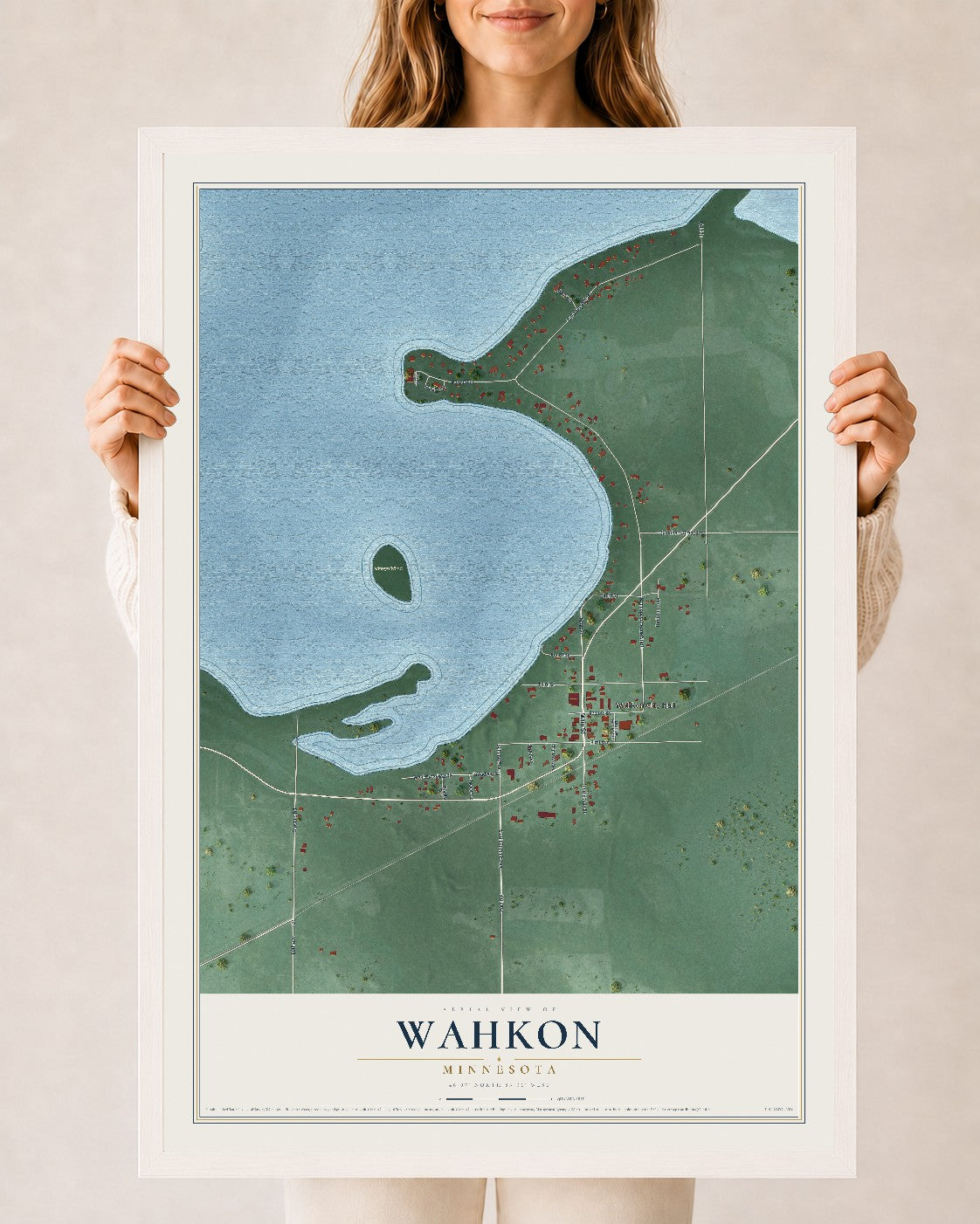 Map of Wahkon, Minnesota, 24 x 36 inch print in a white wood frame
