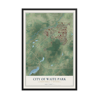 Map of Waite Park, Minnesota, 12 x 18 inch print in a black wood frame