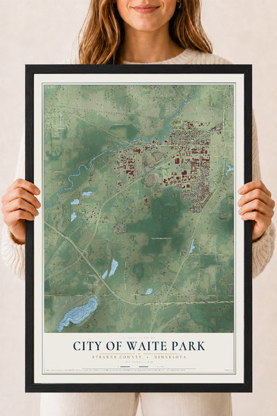 Map of Waite Park, Minnesota, 18 x 24 inch print in a black wood frame