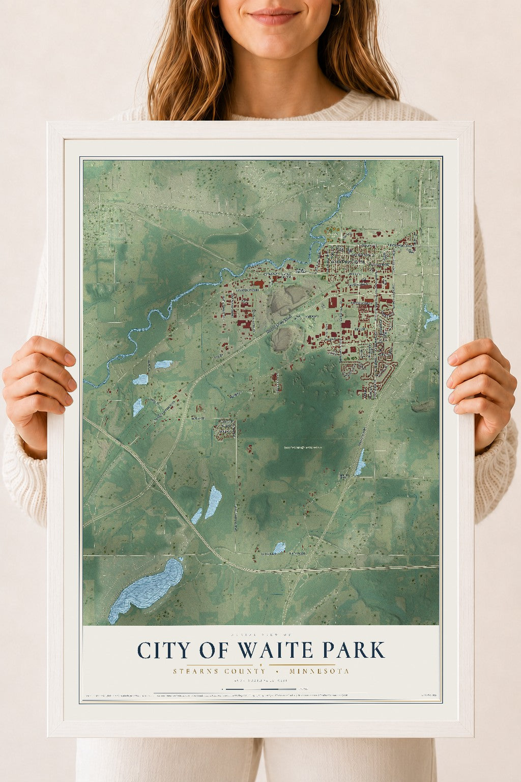 Map of Waite Park, Minnesota, 18 x 24 inch print in a white wood frame