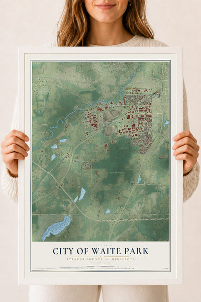 Map of Waite Park, Minnesota, 18 x 24 inch print in a white wood frame