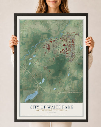 Map of Waite Park, Minnesota, 24 x 36 inch print in a black wood frame