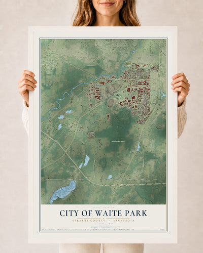 Map of Waite Park, Minnesota, 24 x 36 inch print in a white wood frame