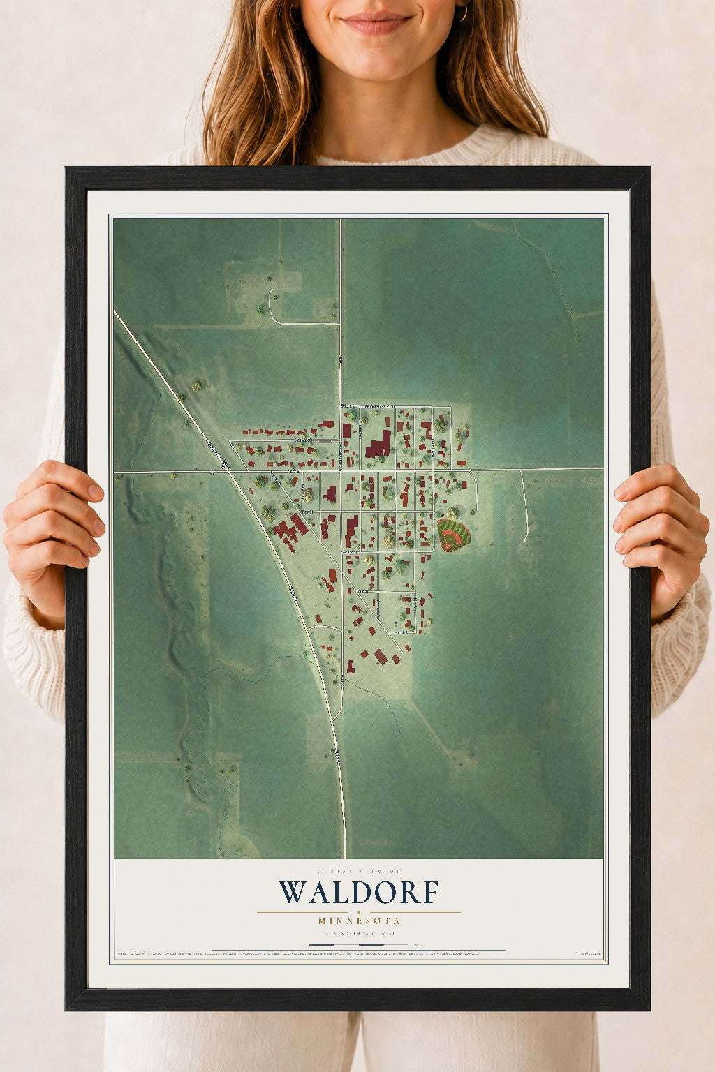Map of Waldorf, Minnesota, 18 x 24 inch print in a black wood frame