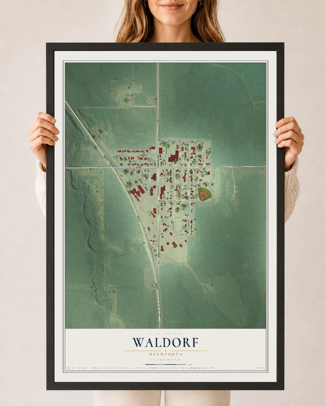 Map of Waldorf, Minnesota, 24 x 36 inch print in a black wood frame