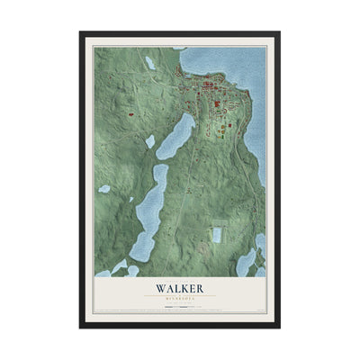 Map of Walker, Minnesota, 12 x 18 inch print in a black wood frame