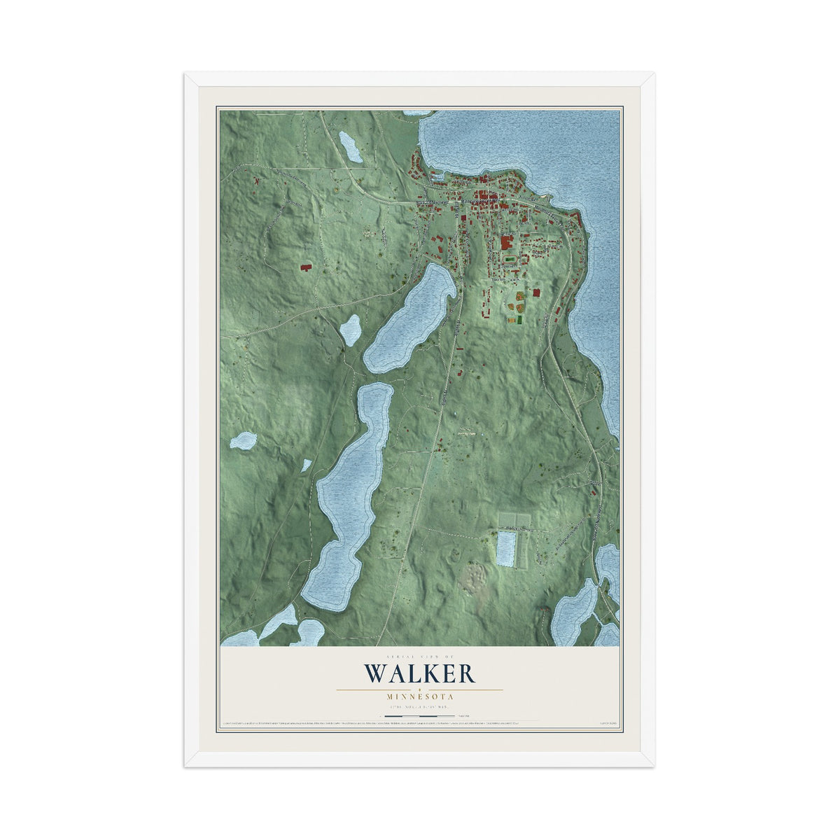 Map of Walker, Minnesota, 12 x 18 inch print in a white wood frame