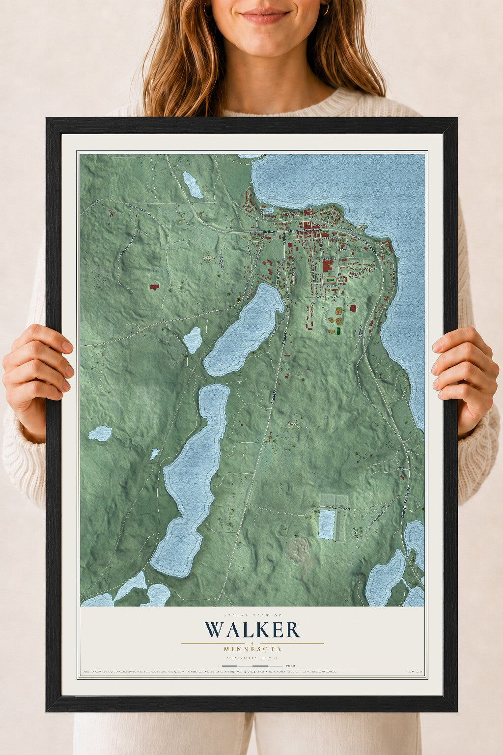 Map of Walker, Minnesota, 18 x 24 inch print in a black wood frame