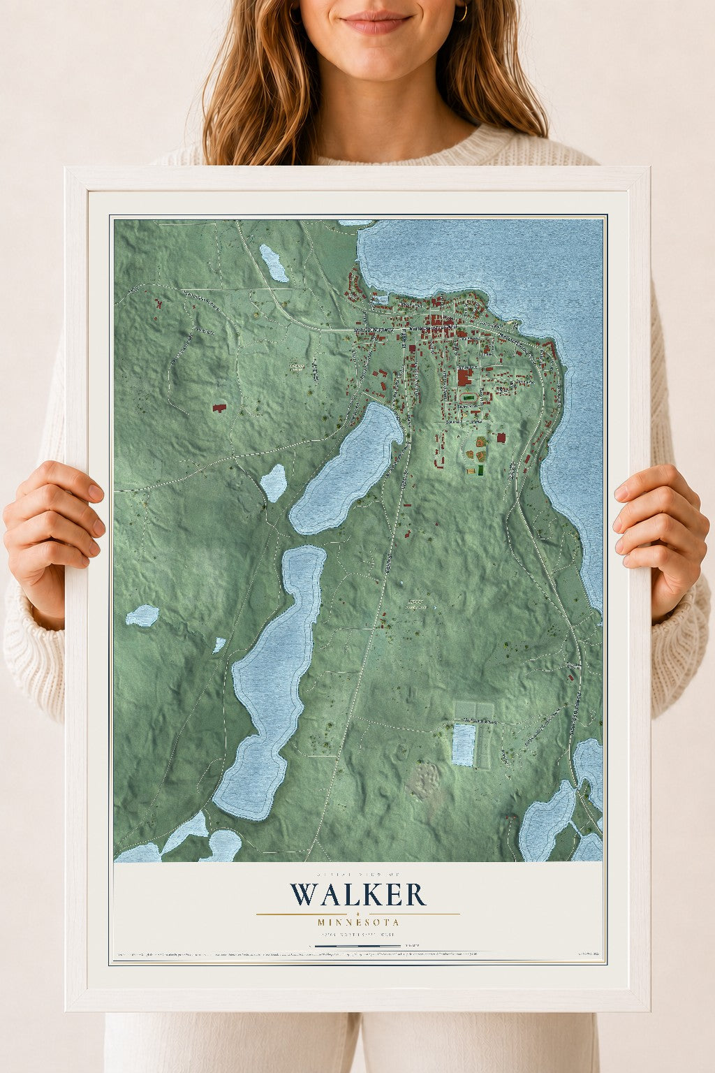 Map of Walker, Minnesota, 18 x 24 inch print in a white wood frame