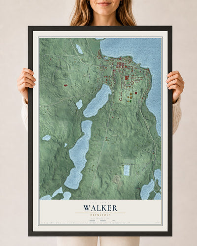 Map of Walker, Minnesota, 24 x 36 inch print in a black wood frame