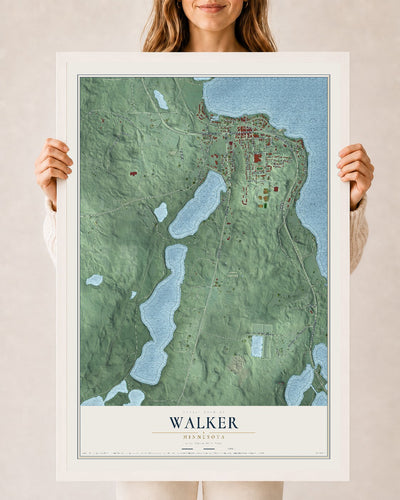 Map of Walker, Minnesota, 24 x 36 inch print in a white wood frame