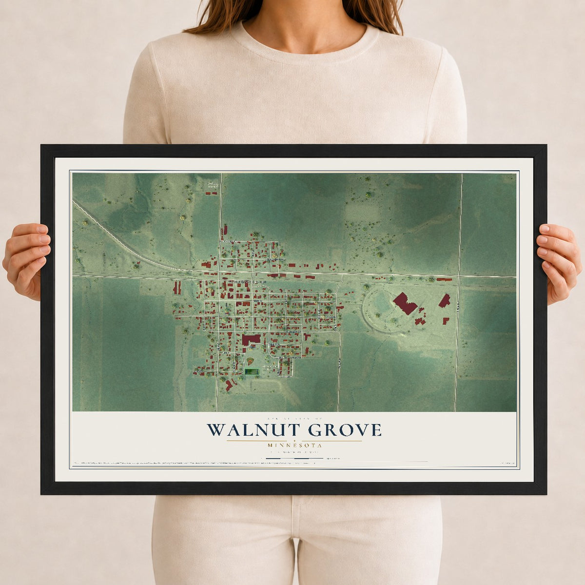 Map of Walnut Grove, Minnesota, 12 x 18 inch print in a black wood frame