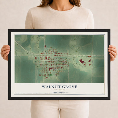 Map of Walnut Grove, Minnesota, 12 x 18 inch print in a black wood frame