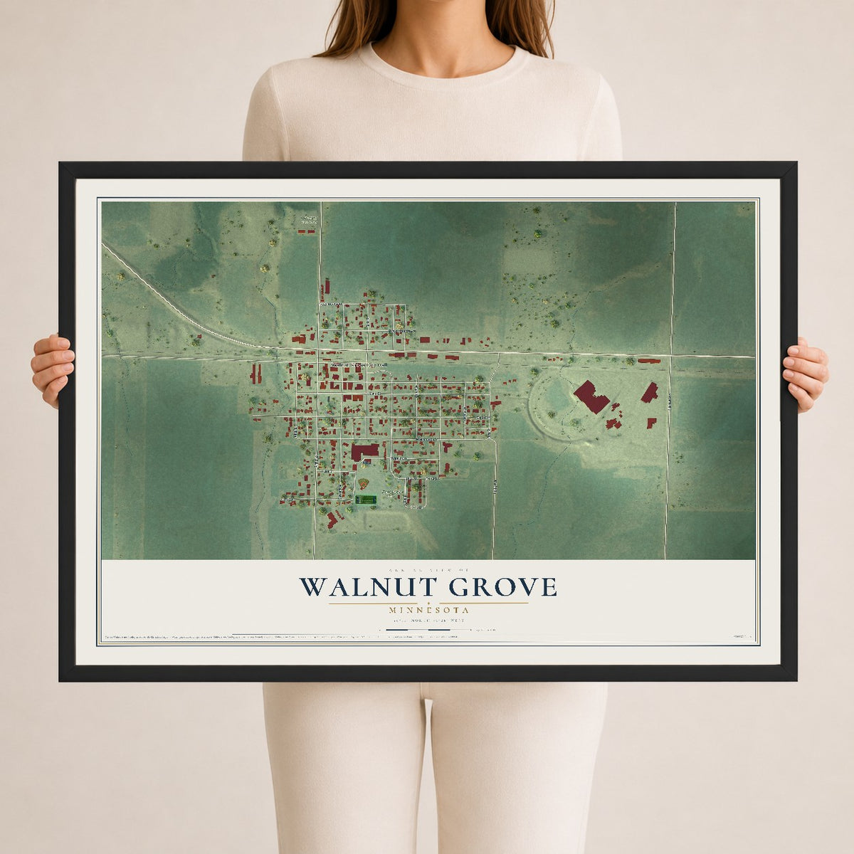 Map of Walnut Grove, Minnesota, 24 x 36 inch print in a black wood frame
