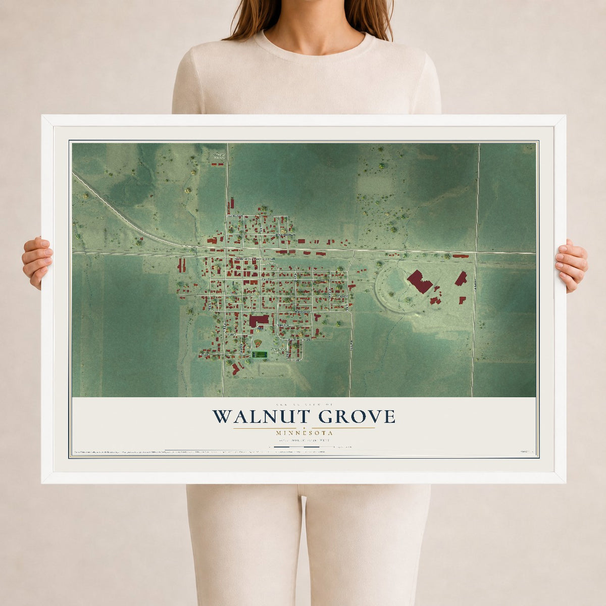 Map of Walnut Grove, Minnesota, 24 x 36 inch print in a white wood frame
