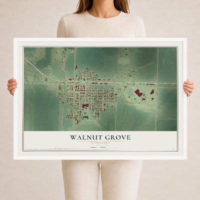Map of Walnut Grove, Minnesota, 24 x 36 inch print in a white wood frame