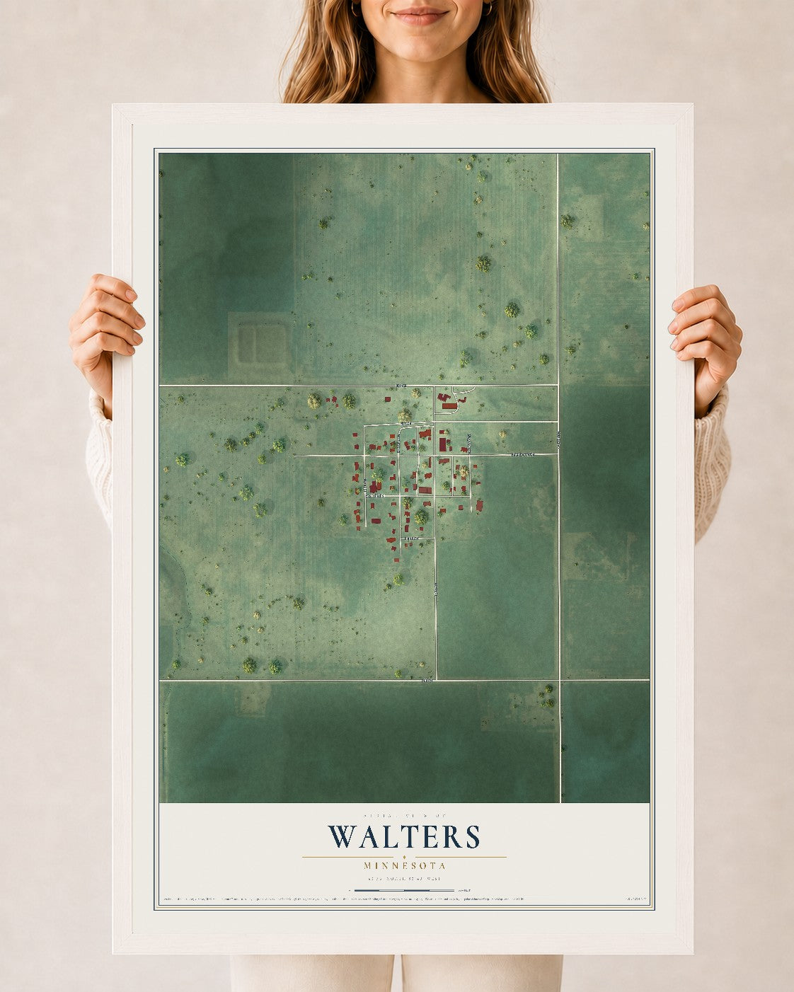 Map of Walters, Minnesota, 24 x 36 inch print in a white wood frame