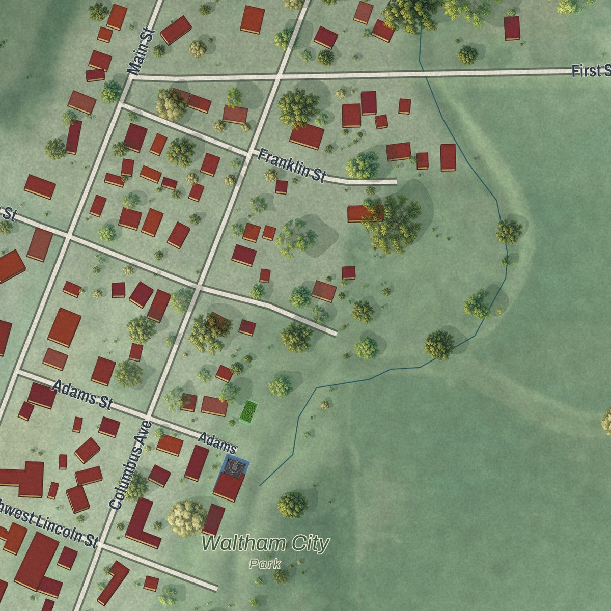 Close-up of the map of Waltham, Minnesota print showing street and building detail