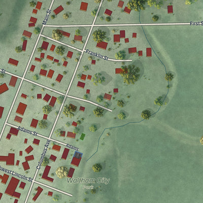 Close-up of the map of Waltham, Minnesota print showing street and building detail