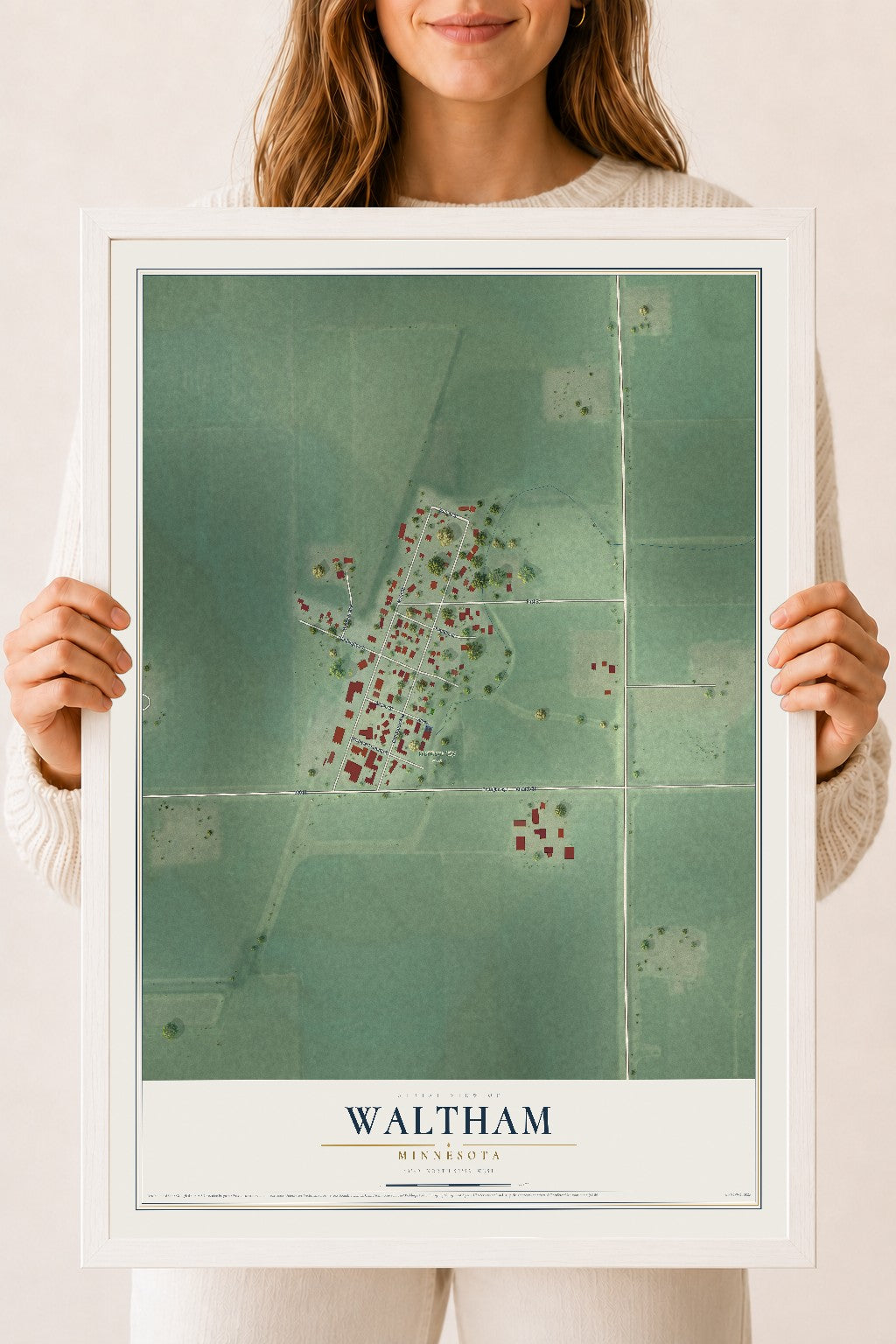 Map of Waltham, Minnesota, 18 x 24 inch print in a white wood frame