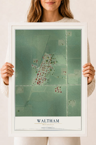 Map of Waltham, Minnesota, 18 x 24 inch print in a white wood frame