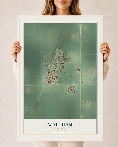 Map of Waltham, Minnesota, 24 x 36 inch print in a white wood frame
