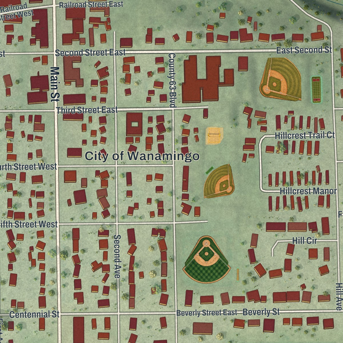 Close-up of the map of Wanamingo, Minnesota print showing street and building detail