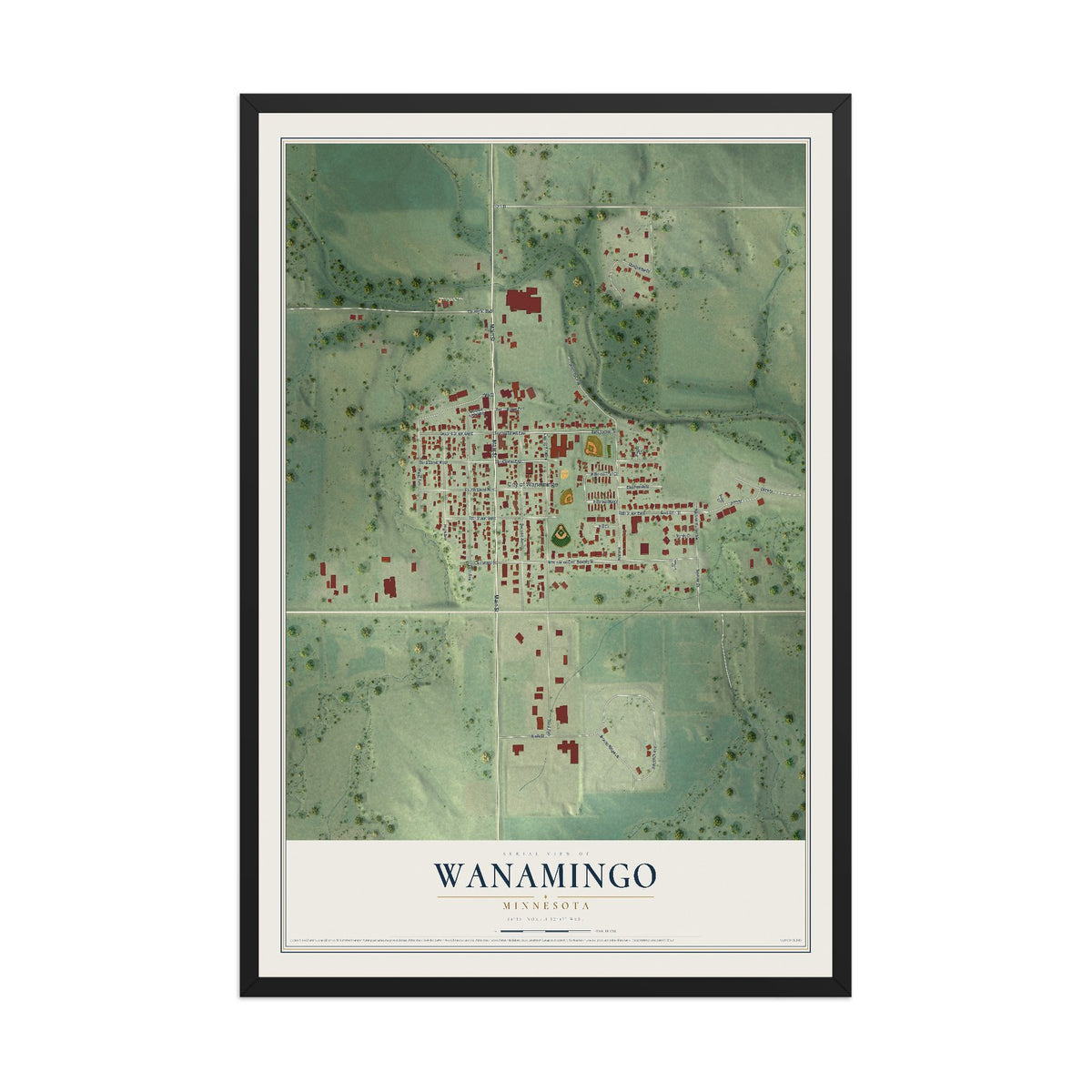 Map of Wanamingo, Minnesota, 12 x 18 inch print in a black wood frame