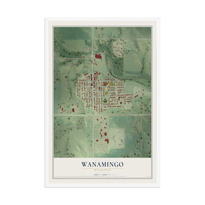 Map of Wanamingo, Minnesota, 12 x 18 inch print in a white wood frame