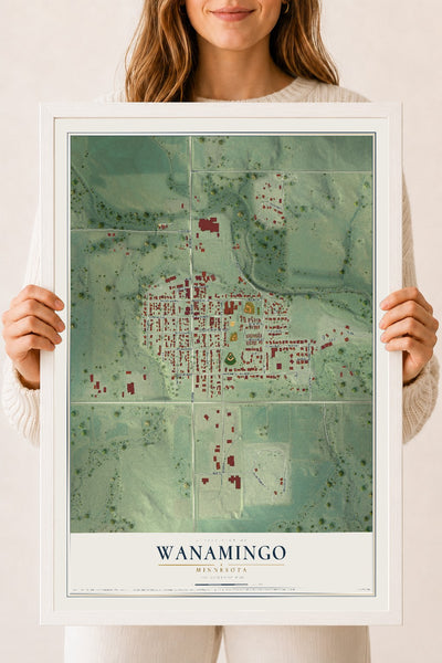Map of Wanamingo, Minnesota, 18 x 24 inch print in a white wood frame