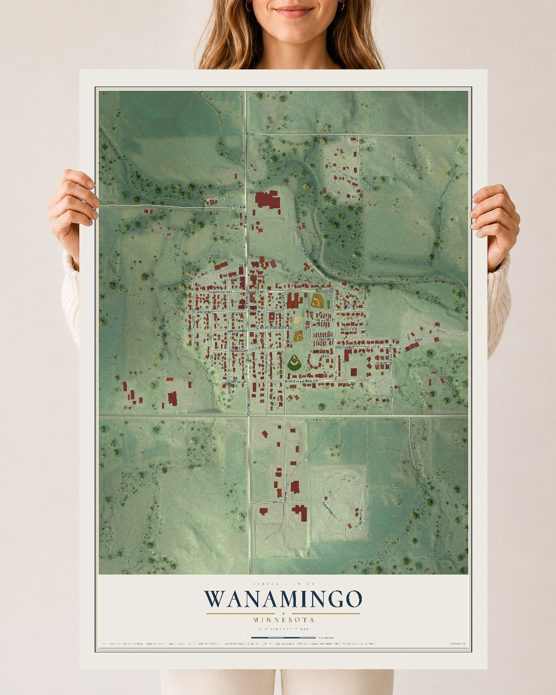Map of Wanamingo, Minnesota, 24 x 36 inch unframed archival matte print