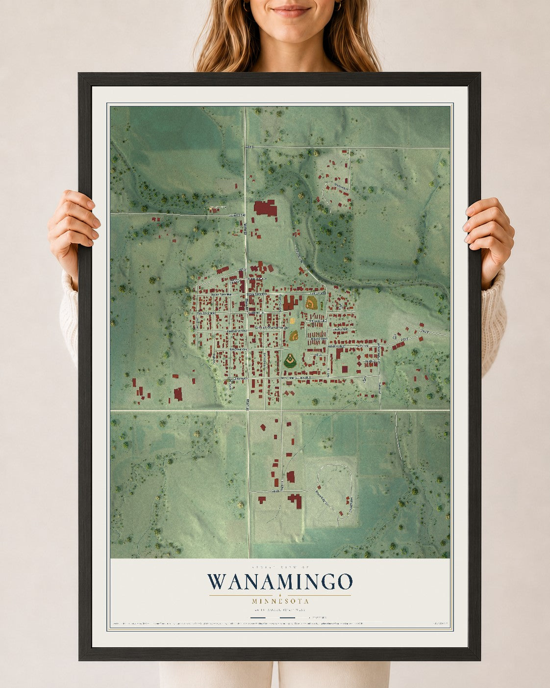 Map of Wanamingo, Minnesota, 24 x 36 inch print in a black wood frame