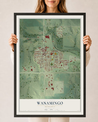 Map of Wanamingo, Minnesota, 24 x 36 inch print in a black wood frame