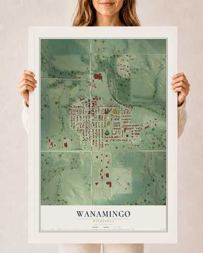 Map of Wanamingo, Minnesota, 24 x 36 inch print in a white wood frame