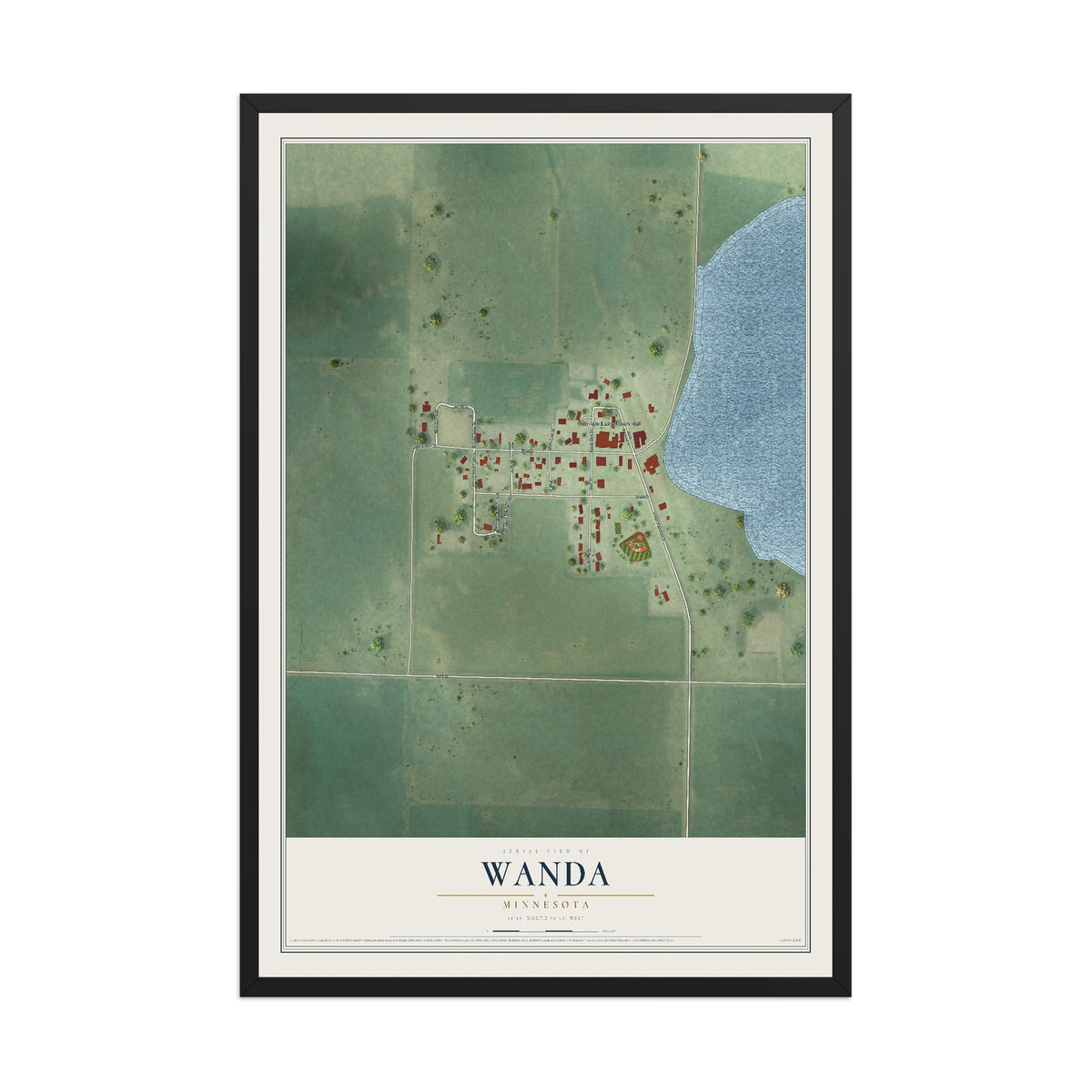 Map of Wanda, Minnesota, 12 x 18 inch print in a black wood frame