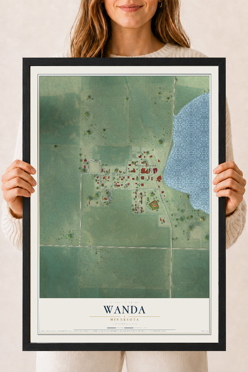 Map of Wanda, Minnesota, 18 x 24 inch print in a black wood frame