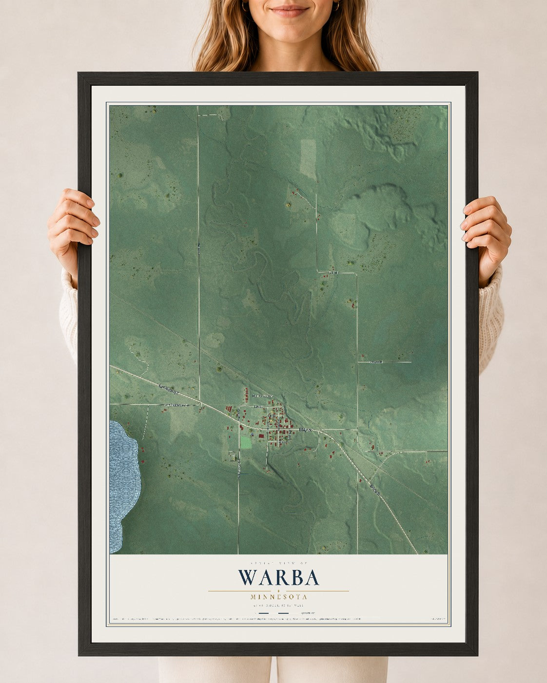 Map of Warba, Minnesota, 24 x 36 inch print in a black wood frame