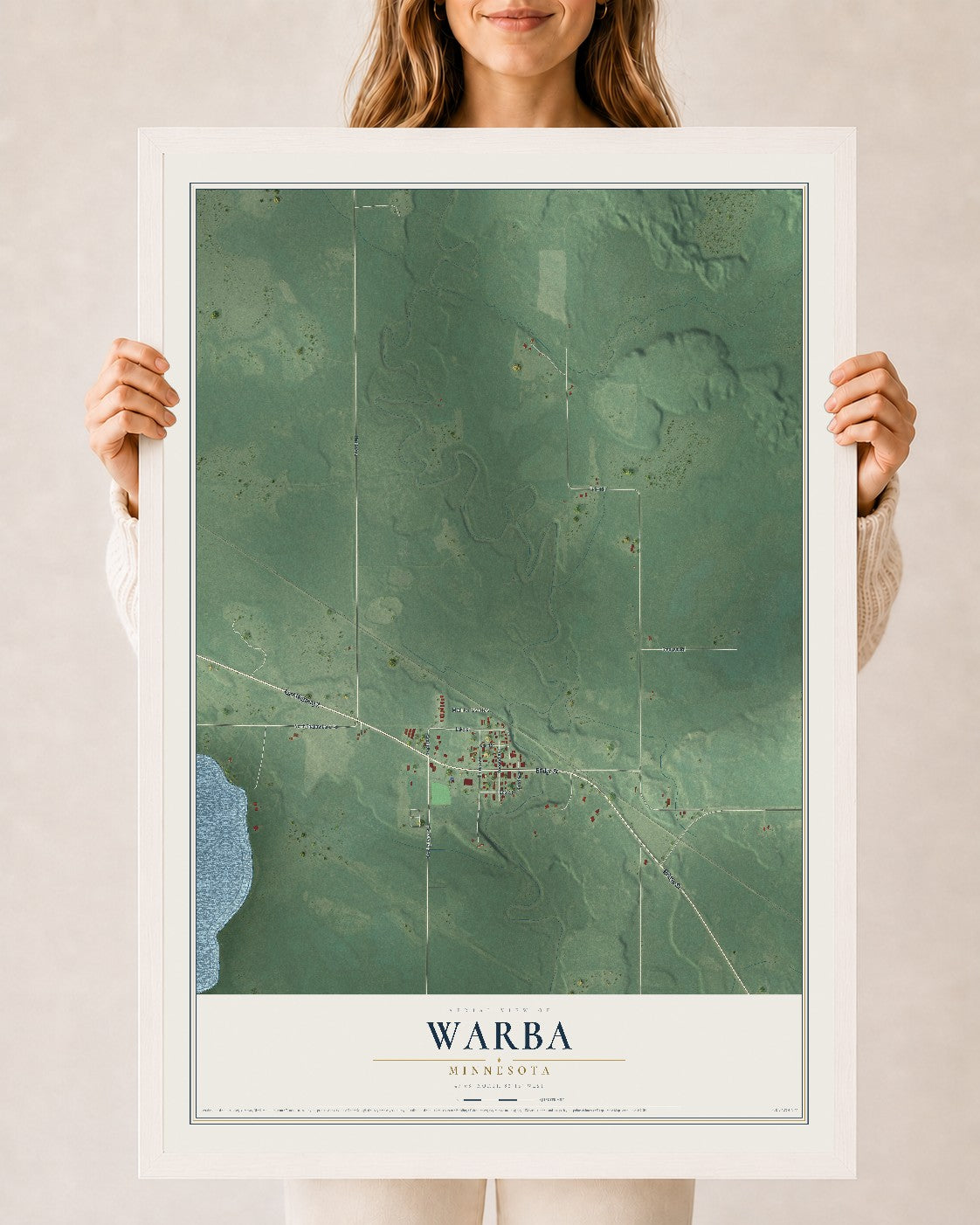 Map of Warba, Minnesota, 24 x 36 inch print in a white wood frame