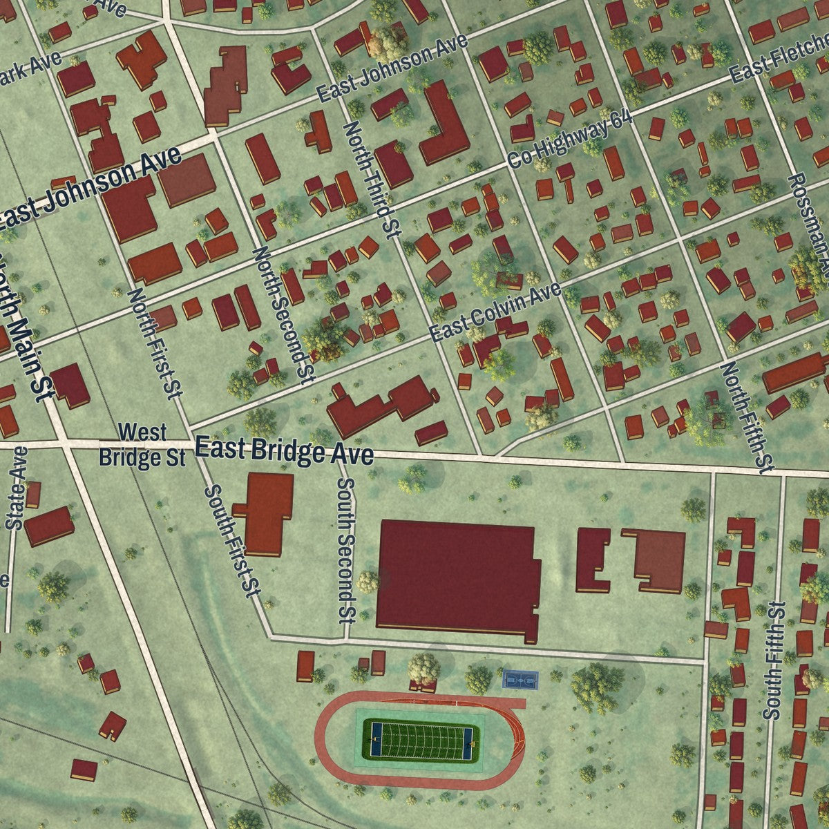 Close-up of the map of Warren, Minnesota print showing street and building detail