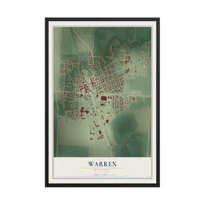 Map of Warren, Minnesota, 12 x 18 inch print in a black wood frame