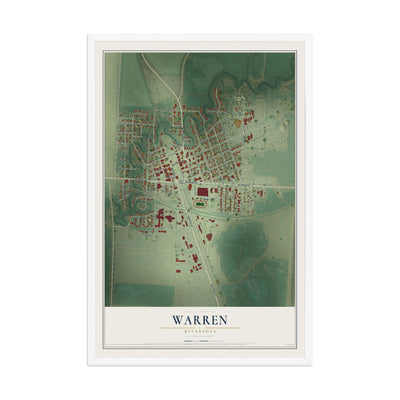 Map of Warren, Minnesota, 12 x 18 inch print in a white wood frame